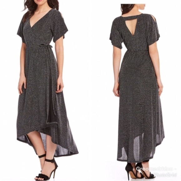 Gibson Latimer Deep V Lurex Wrap Dress Black Shimmer Maxi Women's Size Medium - Picture 1 of 12